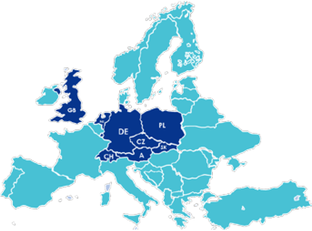Weltkarte mit farblich hervorgehobenen Ländern: Deutschland, Schweiz, Österreich, Slowakei, Tschechien, Polen und Großbritannien